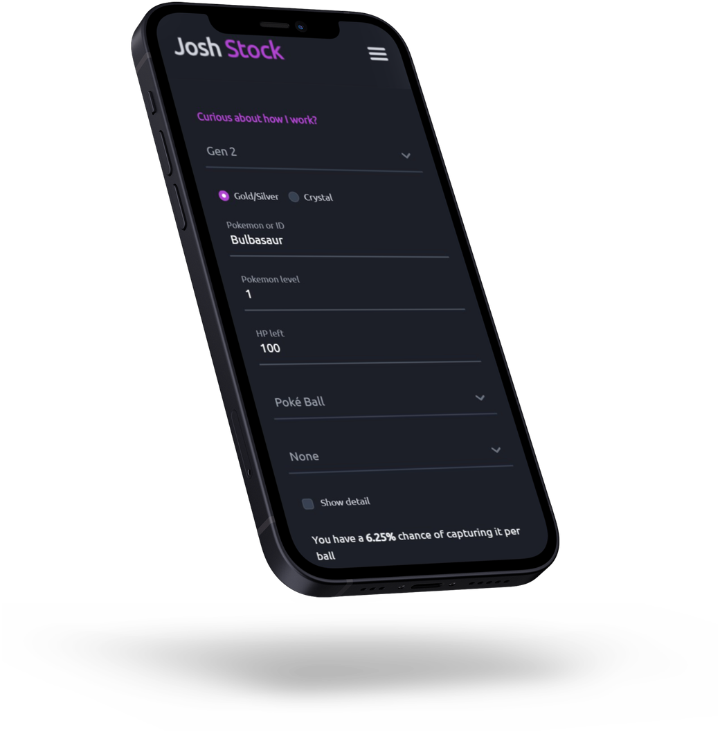 Pokémon catch rate calculator mobile webpage